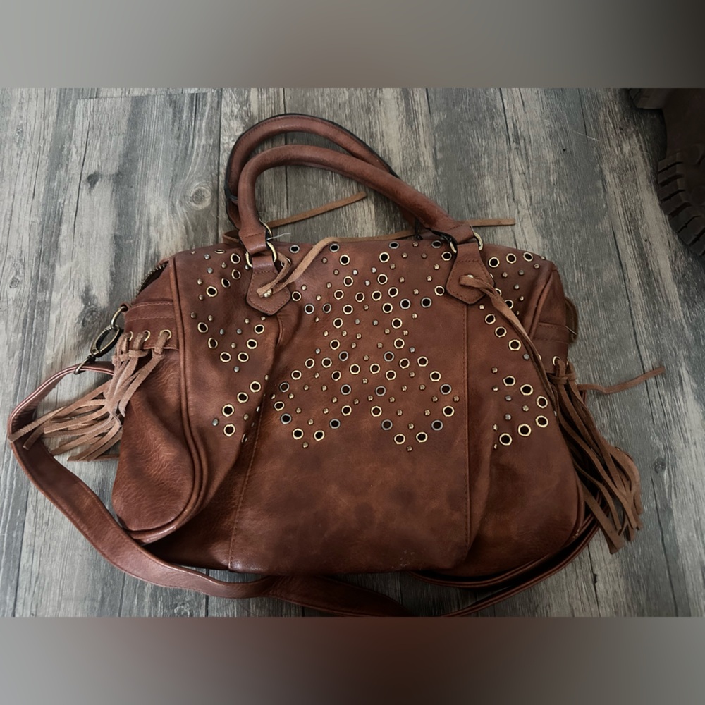 Brown Studded Leather Handbag